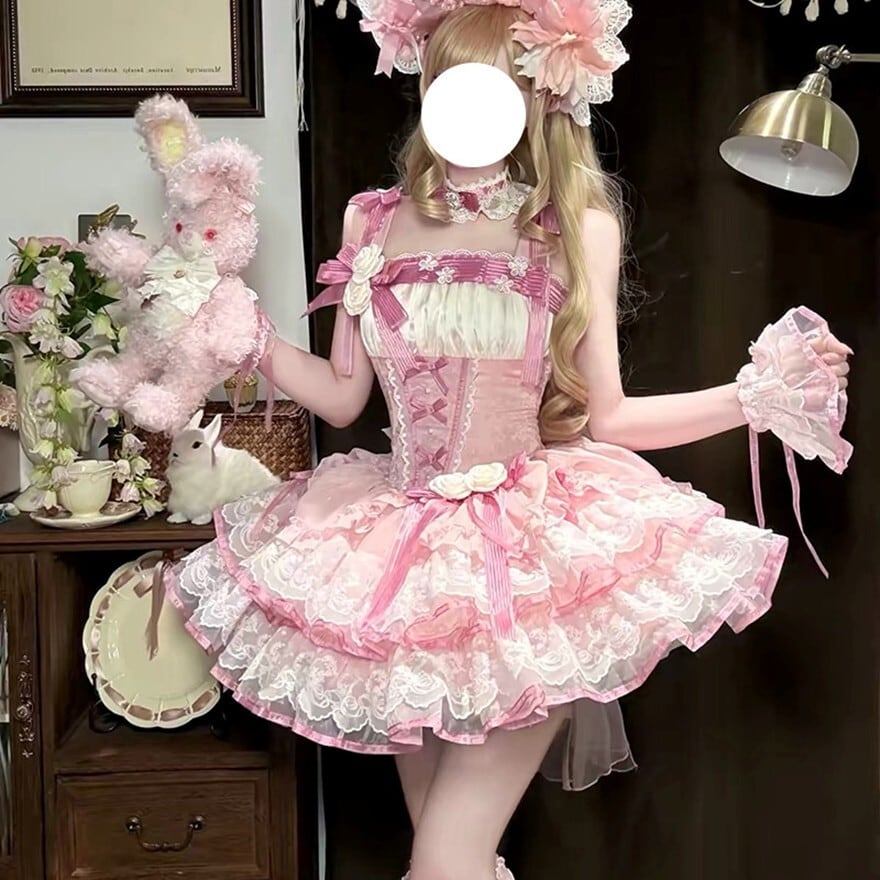 BODYLINE 薔薇柄フリル リボン フレア スカート ピンク F ロリータ ロリータファッション 甘ロリ ピンク 薔薇リボンフリルドレス
