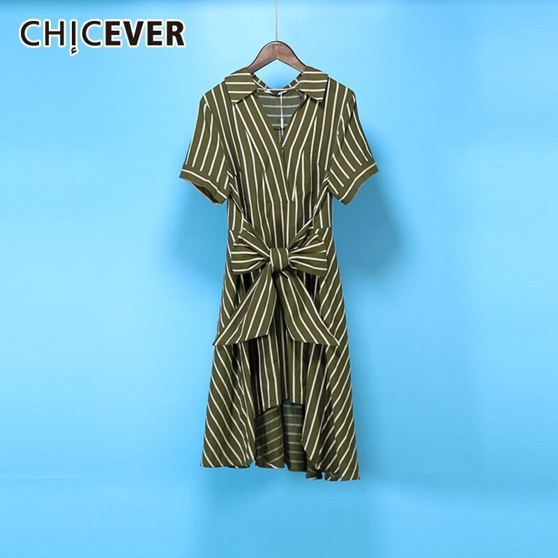 CHICEVERサマーストライプドレスレディースVネック半袖ウエスト包帯膝丈ドレス2020 ショート ハーフスリーブ 夏物 6base567434191584
