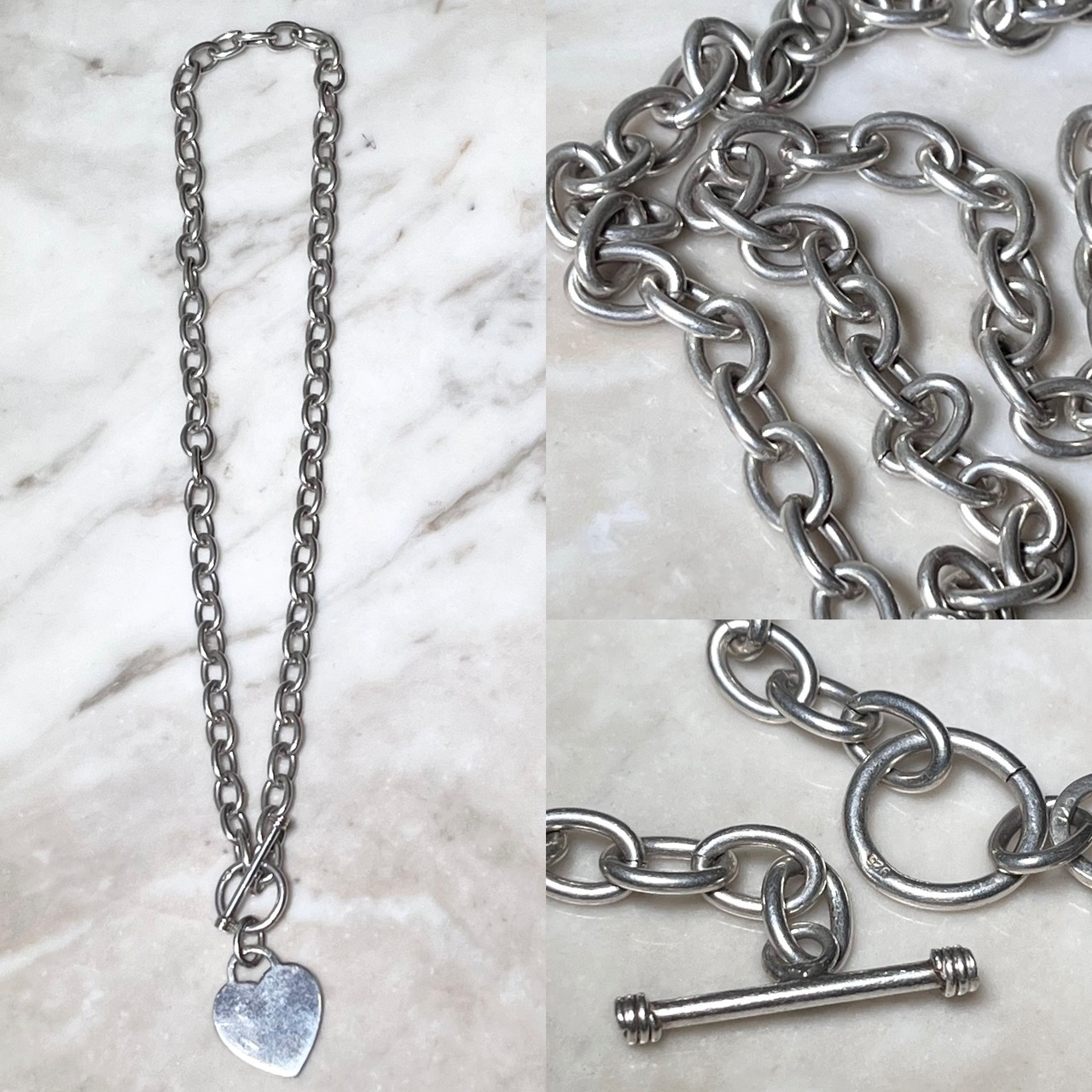 vintage silver oval link chain heart charm toggle necklace
