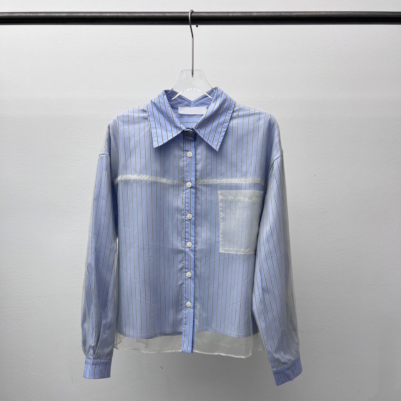 レースライン切替 ブルーストライプシャツ シアーレイヤード風 　　 00058