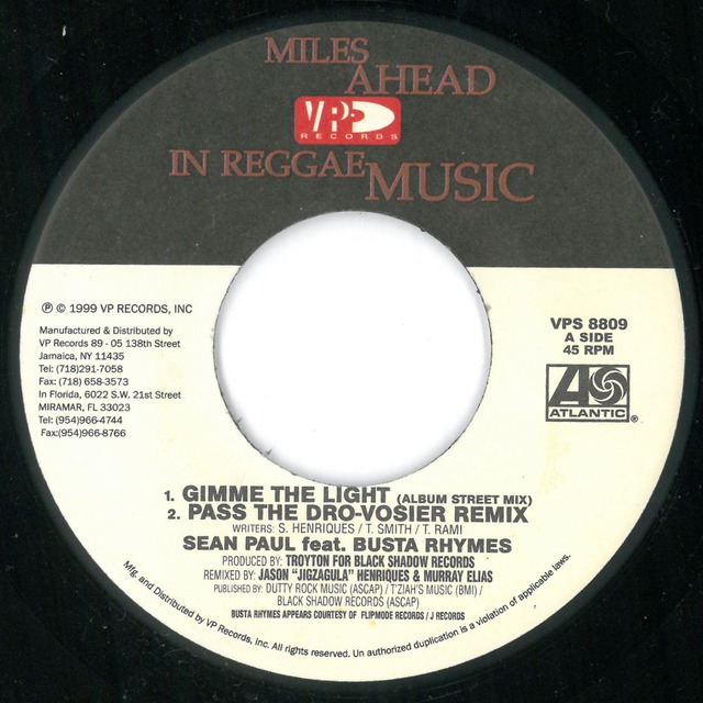 【7"】Sean Paul Gimme The Light [Pass The DroVosier Remix] [1999] HHD
