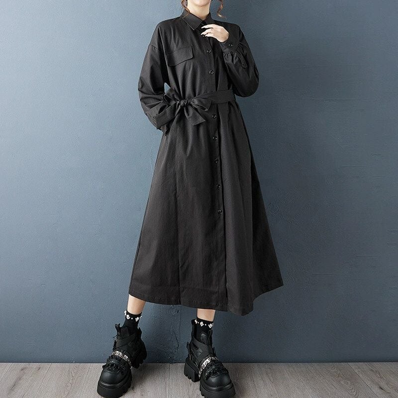 BLACK A-LINE LONG SHIRT DRESS COAT 1color M-14744