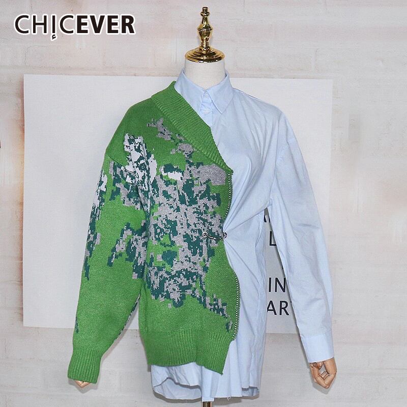 CHICEVERニットシャツラペルカラー長袖パッチワークヒットカラーウエストチュニック不規則な女性のブラウス2021 ロング 6base556297393829