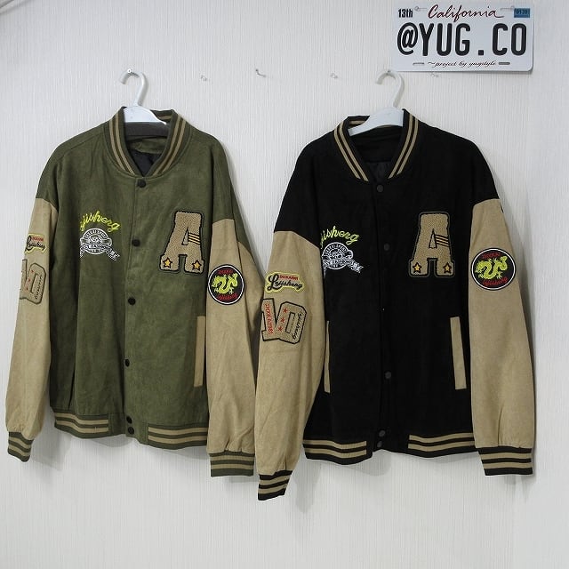 サガラ刺繍＆ALL刺繍 ワッペン スウェード 袖切替 スタジャン ブルゾン