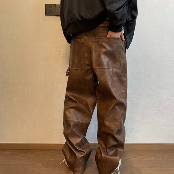 予約販売】パンツ ボトムス メンズ レザー 革パンツ ルーズ カジュアル