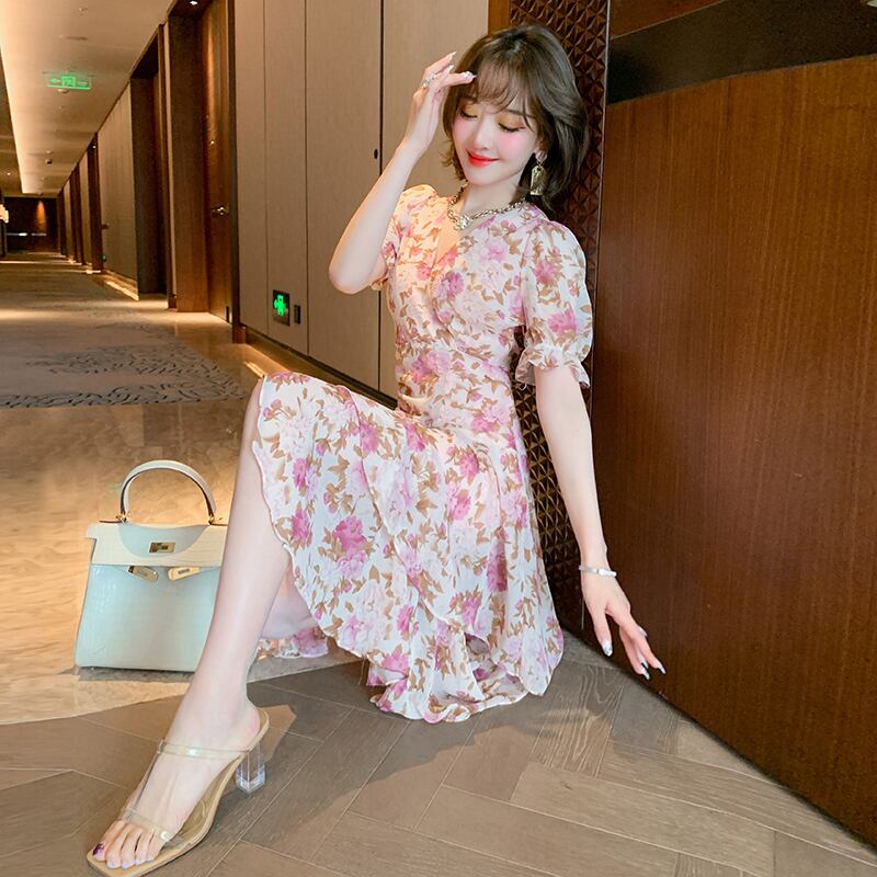 カラーVネックウェストスリーブプリント柄ドレス サマースタイル 夏物 ステッチ MIUCO78589451518