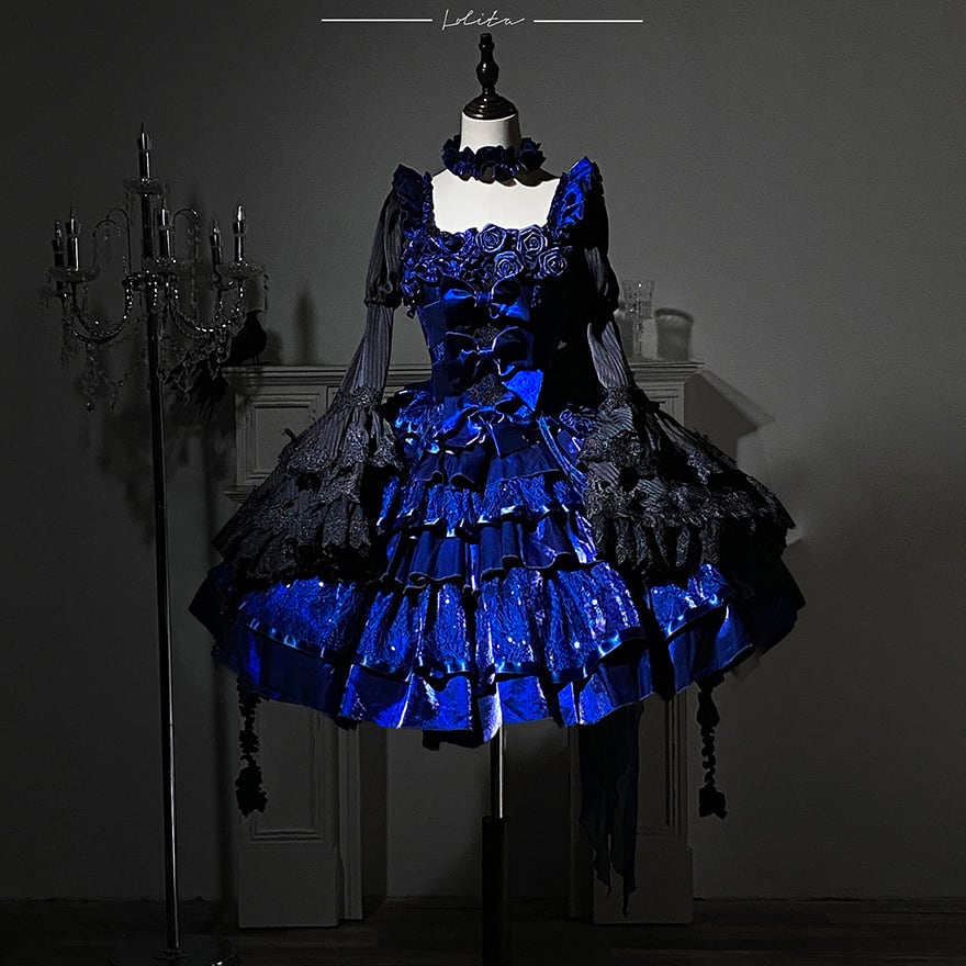 大人ゴシック セットアップ 青薔薇×夜蝶ドレス 姫袖シャツ×JSK｜WithU