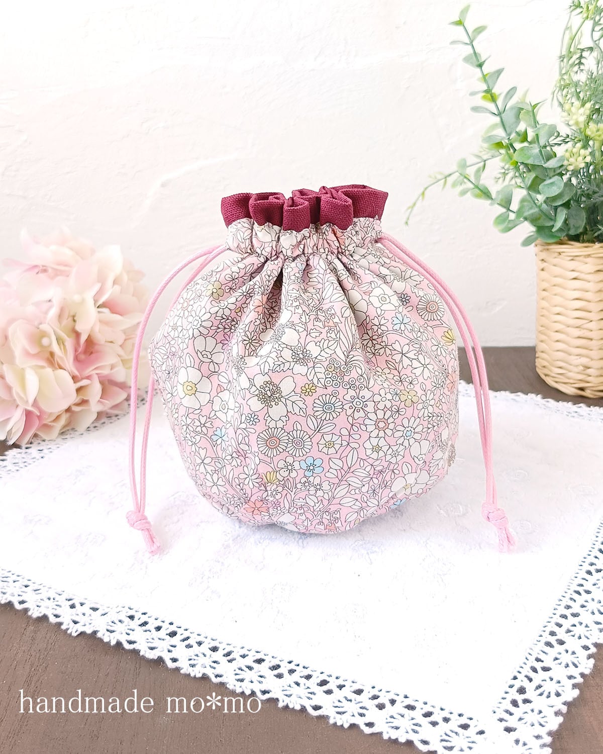 まんまる巾着L ジューンズメドウ 赤 3263 | handmade mo*mo リバティ