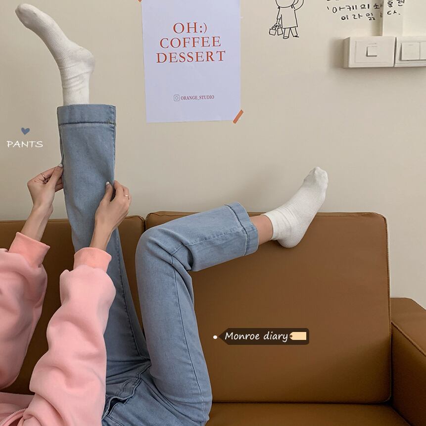 ブルーハイウェストジーンズ スプリングオータム薄手ルーズパンツ 春物 秋物 モンロー97071437861