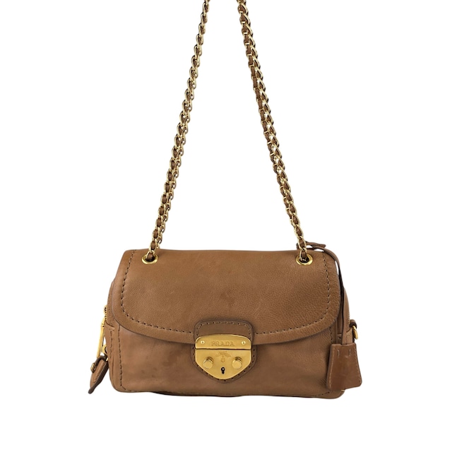 PRADA プラダ ショルダーバッグ ブラウン フロントロック レザー チェーン vintage ヴィンテージ オールド gkm4zp