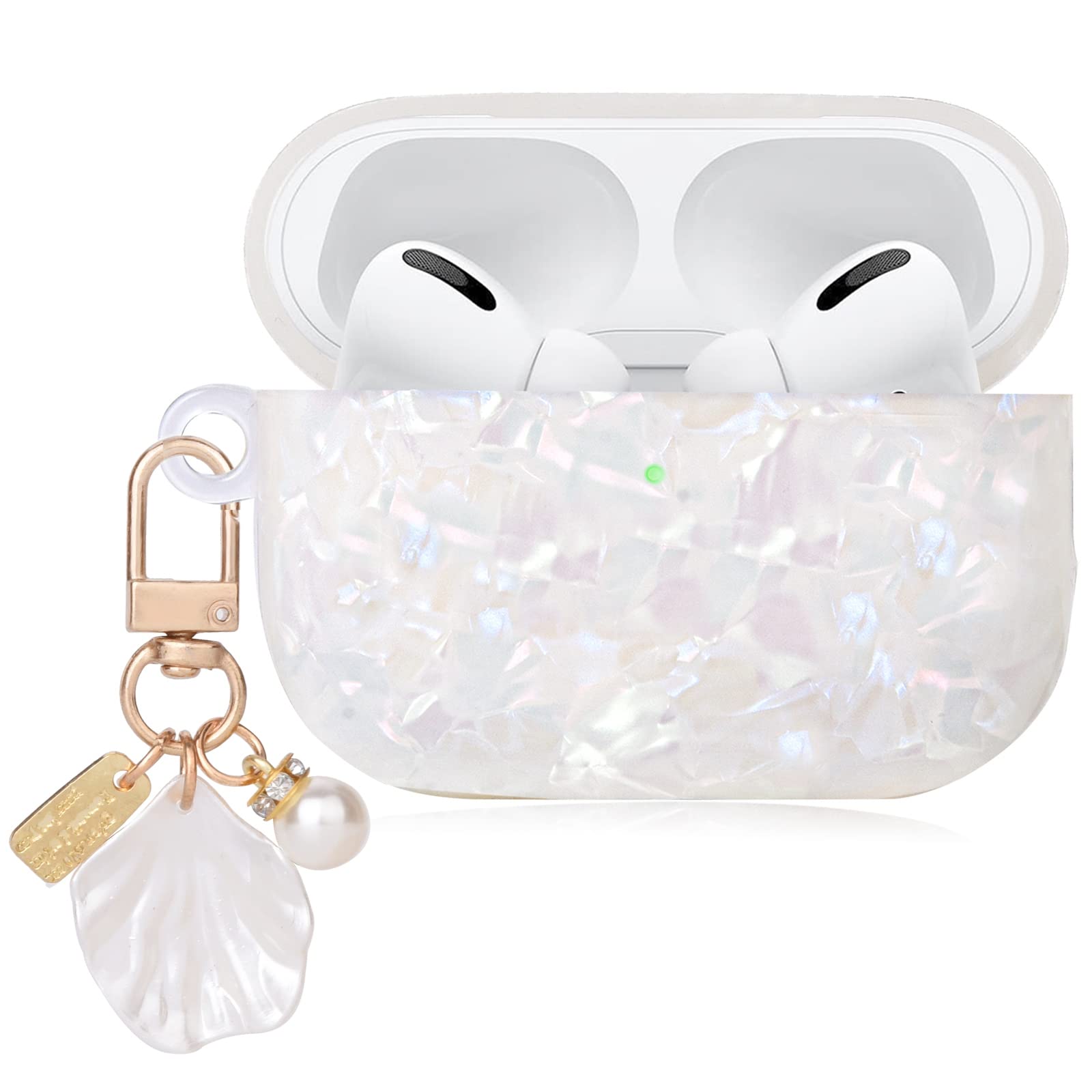 かわいいAirPod Pro 2ケース シェルパールキーチェーン付き キラキラ大理石デザイン ハードTPUカバー AirPods Pro 第2世代2022対応 女性と女の子向け