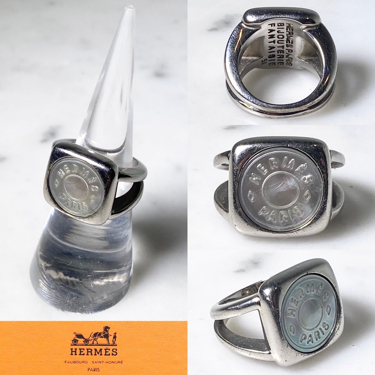 HERMES silver color metal shell ring “sellier”