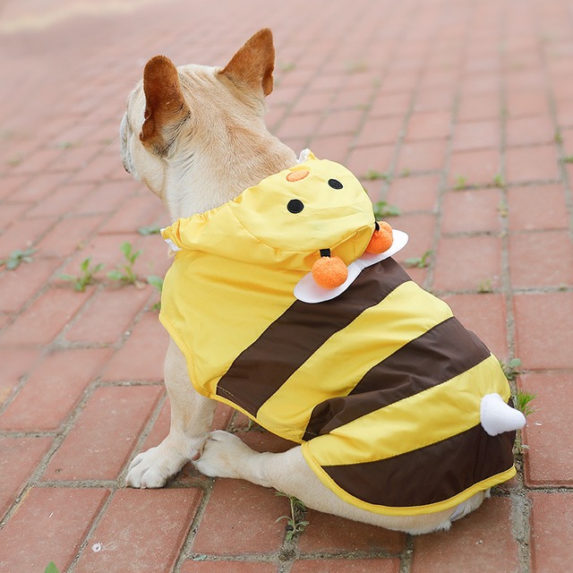 【PET】ミツバチ型デザインストライプ柄帽子付きレインコート