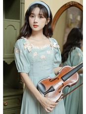 【0022】Rose Embroidery Ribbon Retro Short Sleeve Dress