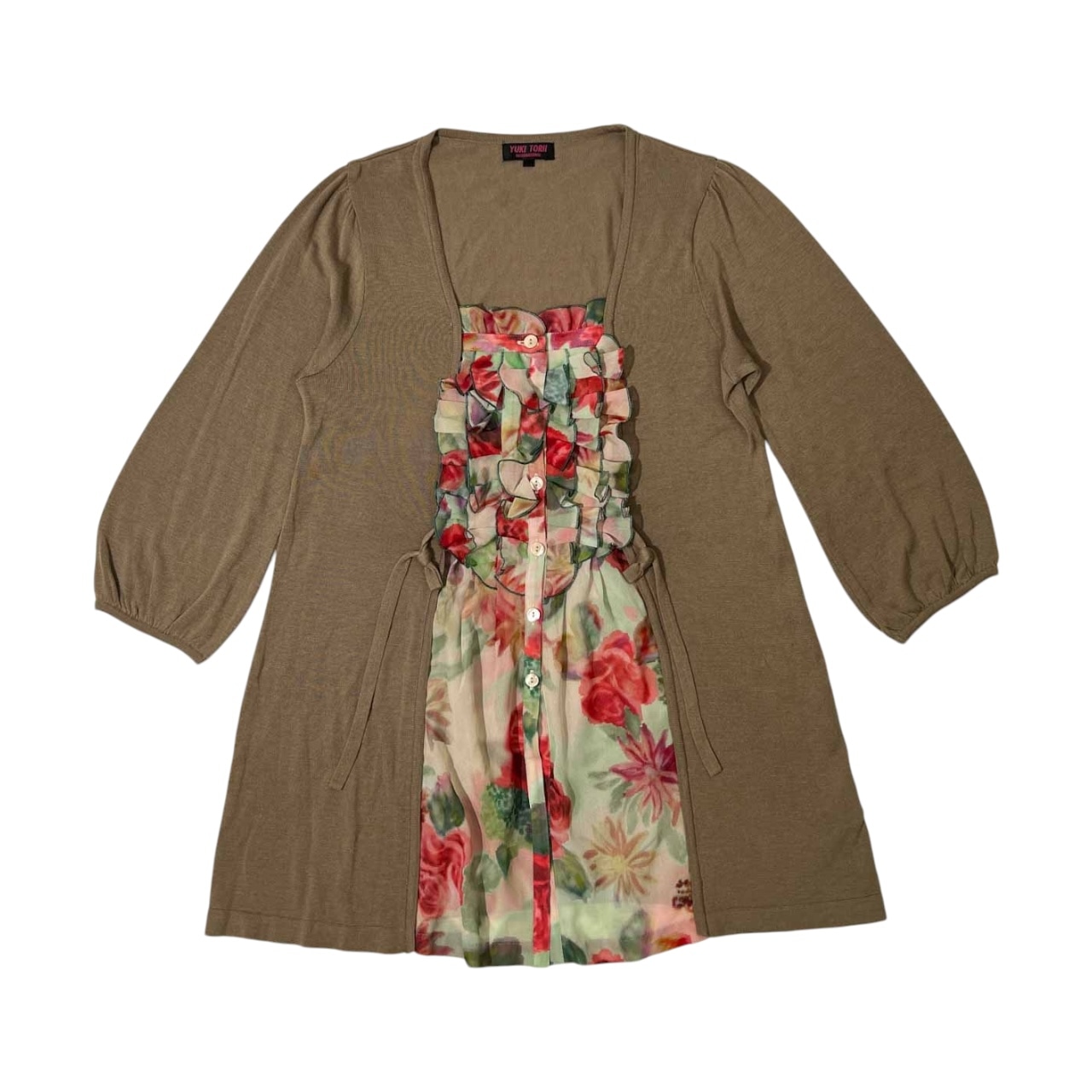 YUKI TORII ユキトリイ INTERNATIONAL フリルタック付き シフォン切替 ハイゲージ コットンニット カーディガン 40 /日本製/薄手