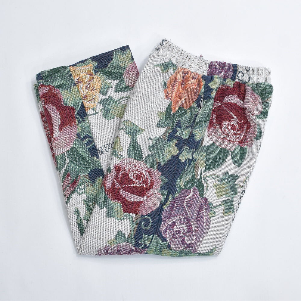 Remake リメイク ルーズシルエット ジャガード 総柄 デザイン ラグパンツ バラ 花柄 フローラル ブランケット タペストリー パッチワーク イージーパンツ 再構築 ゴブラン ユニセックスサイズ W62~100cm