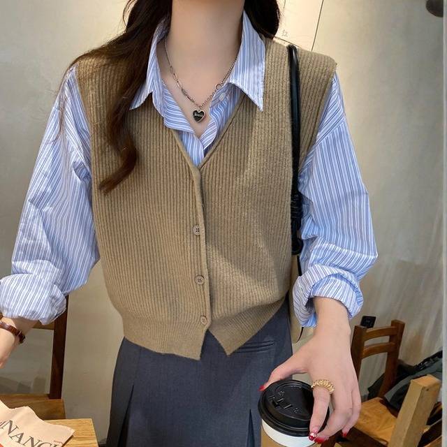 Vネック短丈ニットベスト♢全4色　11201