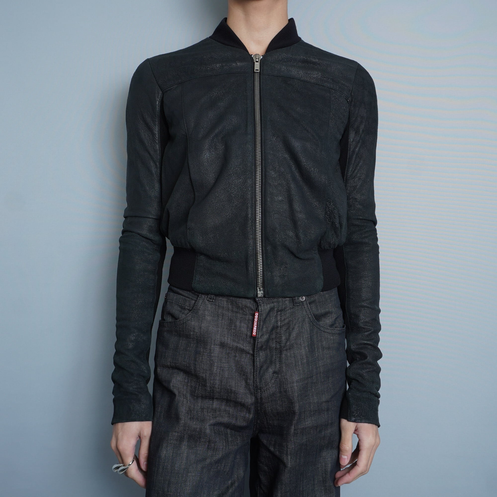 Rick Owens】リックオウエンス カーフレザーニット切替ギャザージップ