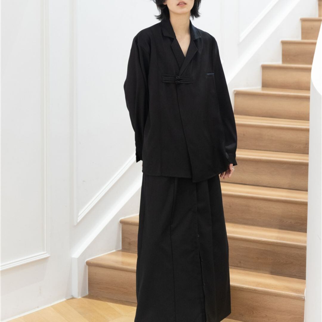 Buckle diagonal placket lapel drape shirt