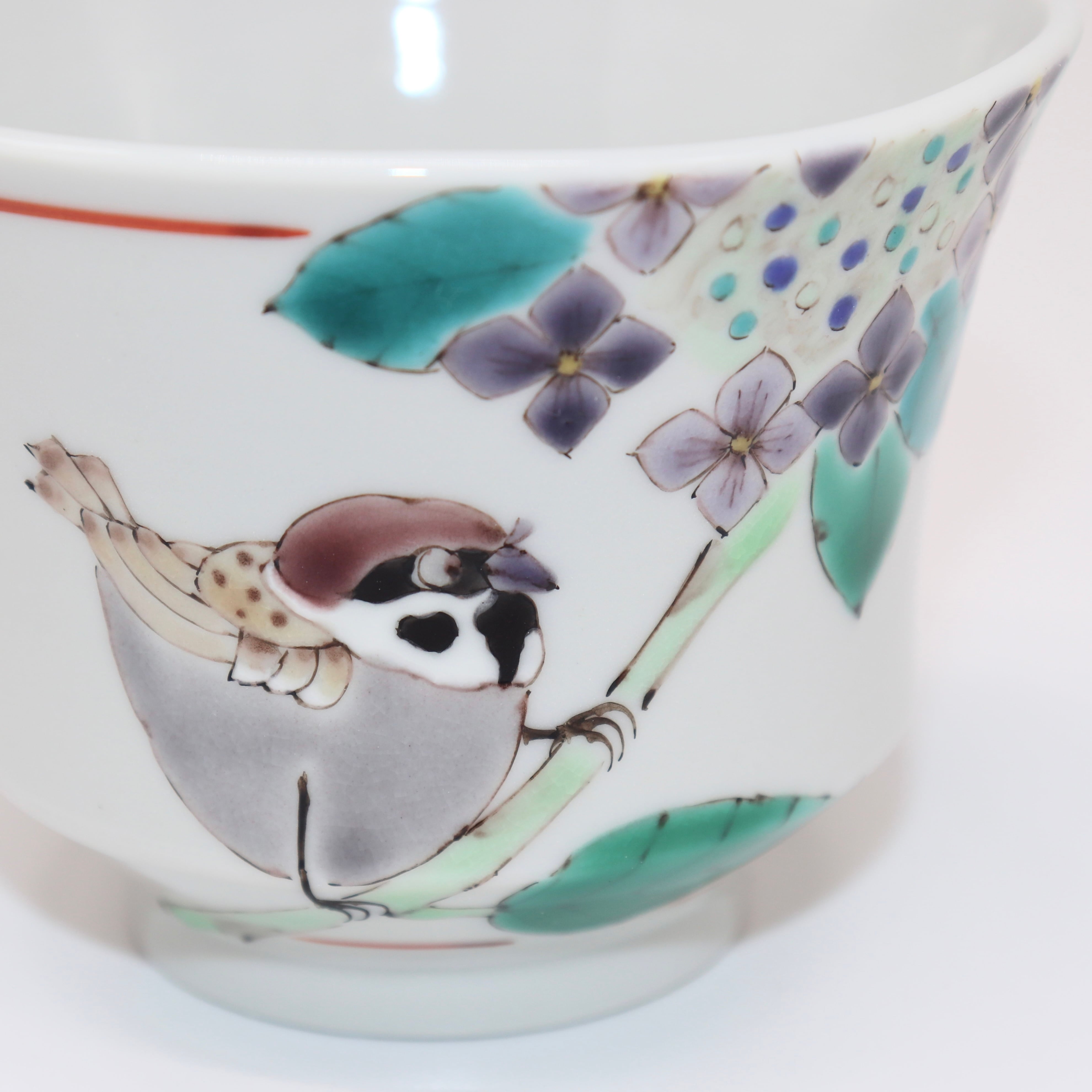 即購入OK　エクセルヒューマン　紫色の卵型漆器 自然風景と鳥の絵柄 九谷焼 大志窯】色絵花鳥 いっぷく碗 〜額紫陽花に雀〜 | 九谷焼 大志窯