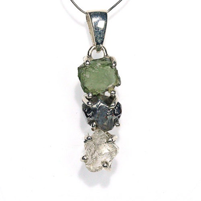 〔J367-21〕天然モルダバイト 鉄隕石 ハーキマーダイヤモンド sv925 ペンダントトップ meteorite