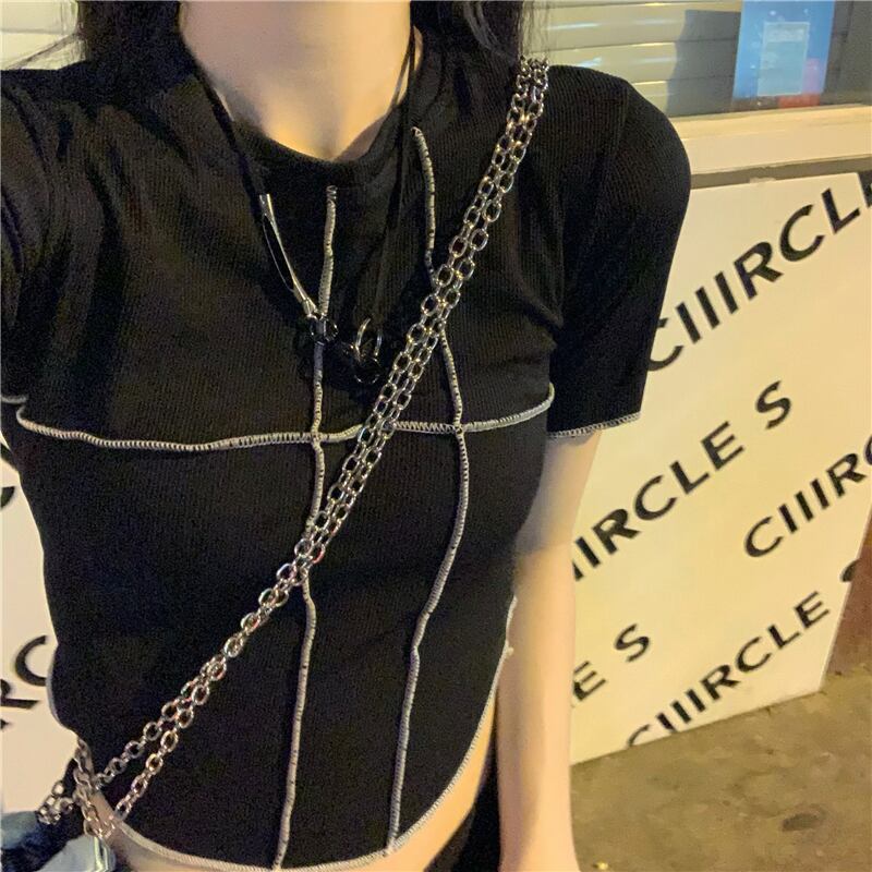 サマーラウンドネックカジュアルTシャツ シャツ ラインクロップド 夏物 Oネック ケッペル78834094909