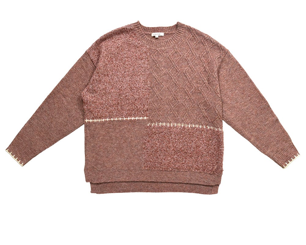 編地切り替えブランケットステッチ入りニットプルオーバー 【KJSX5718