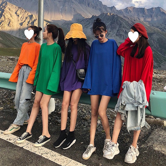 2020年春と秋の新バージョン緩い野生の純粋な色のTシャツミドル丈スリム長袖シャツカジュアルcompiate女性 misskkl44150202389