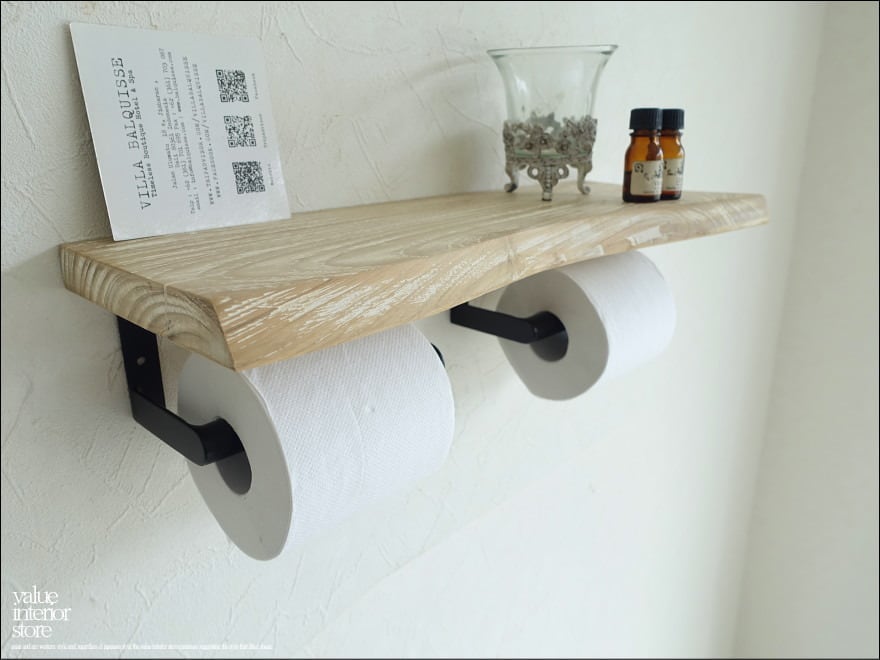 無垢材 チークトイレットペーパーホルダーNW03 紙巻器 トイレ収納 2連 棚板 ナチュラルホワイト ウォールシェルフ 幅45cm ida002