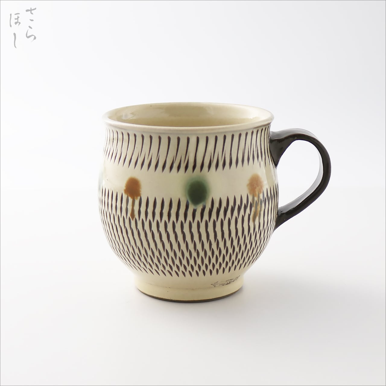 小鹿田焼 小袋窯 マグカップ (大）飛びかんな 赤青ドット 高さ約9.5cm