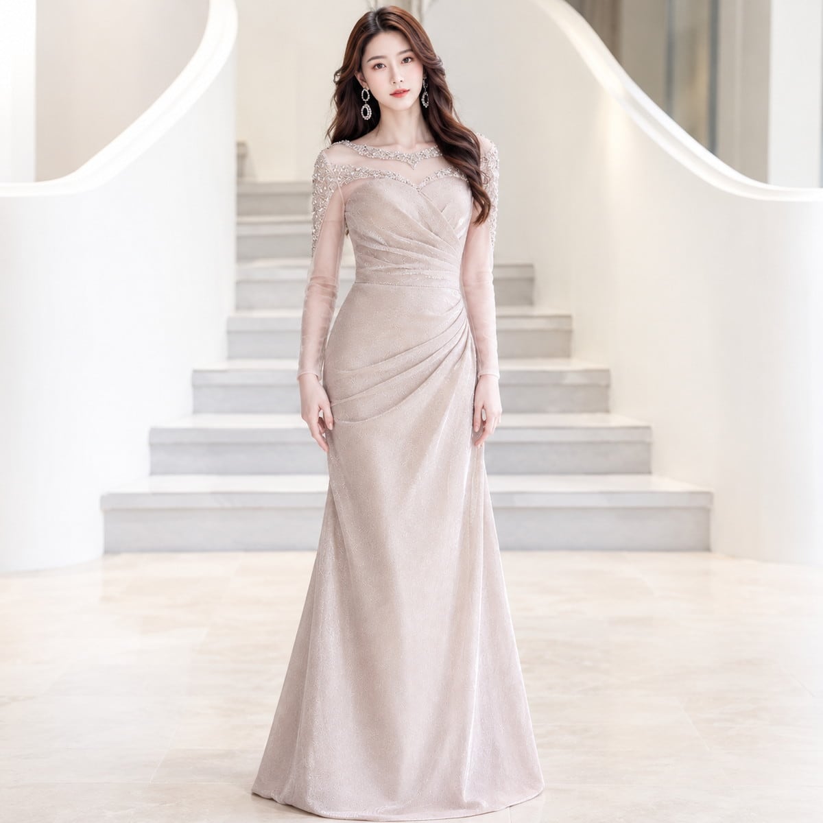 Sequin Sheer Draped Maxi Dress V3850