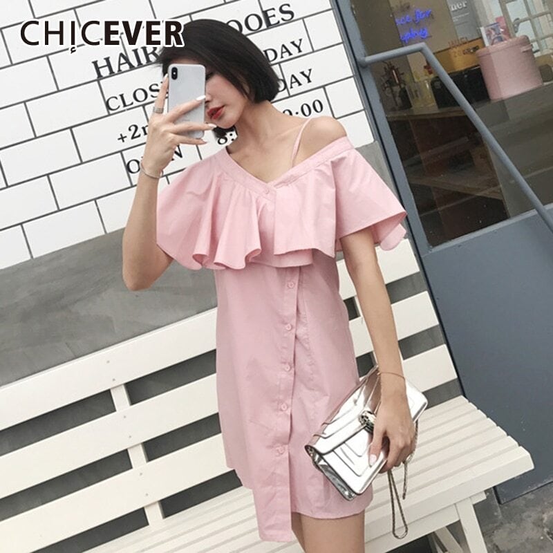 CHICEVERピンクドレス女性非対称カラーバタフライ半袖特大フリルミニドレス2020服 ショート ハーフスリーブ 6base523065285766