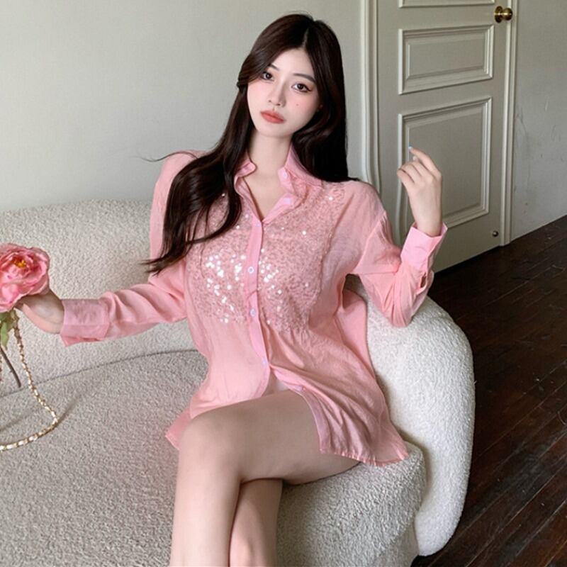 オータム薄手スパンコールシャツ トップス レディース ロング 秋物 ステッチ ハンチェンe81017037829