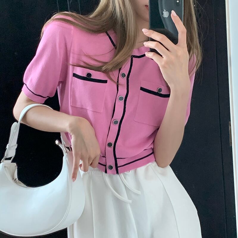 ニットカーディガンサマールーズ薄手ショートラウンドネックブラックトップス 夏物 Oネック ステッチ ビッグFスモールZ韓国86464680733