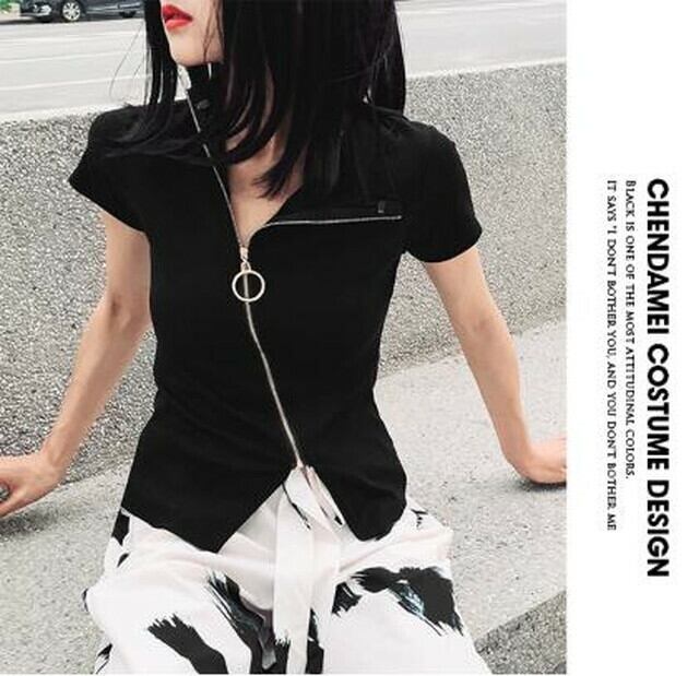 サブカル 服 地雷系 通販 Tシャツ ZIPアップ 半袖 アシンメトリー 小悪魔的 ゴシック ブラック レッド オルチャン