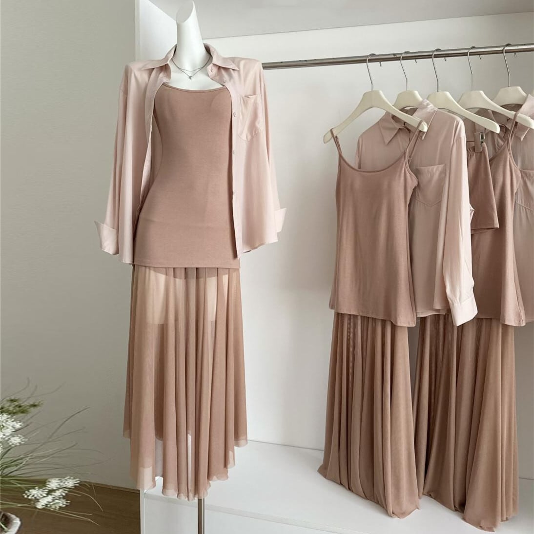 【set】シャツ×チュールコンビキャミワンピース×ショートパンツセット M32897