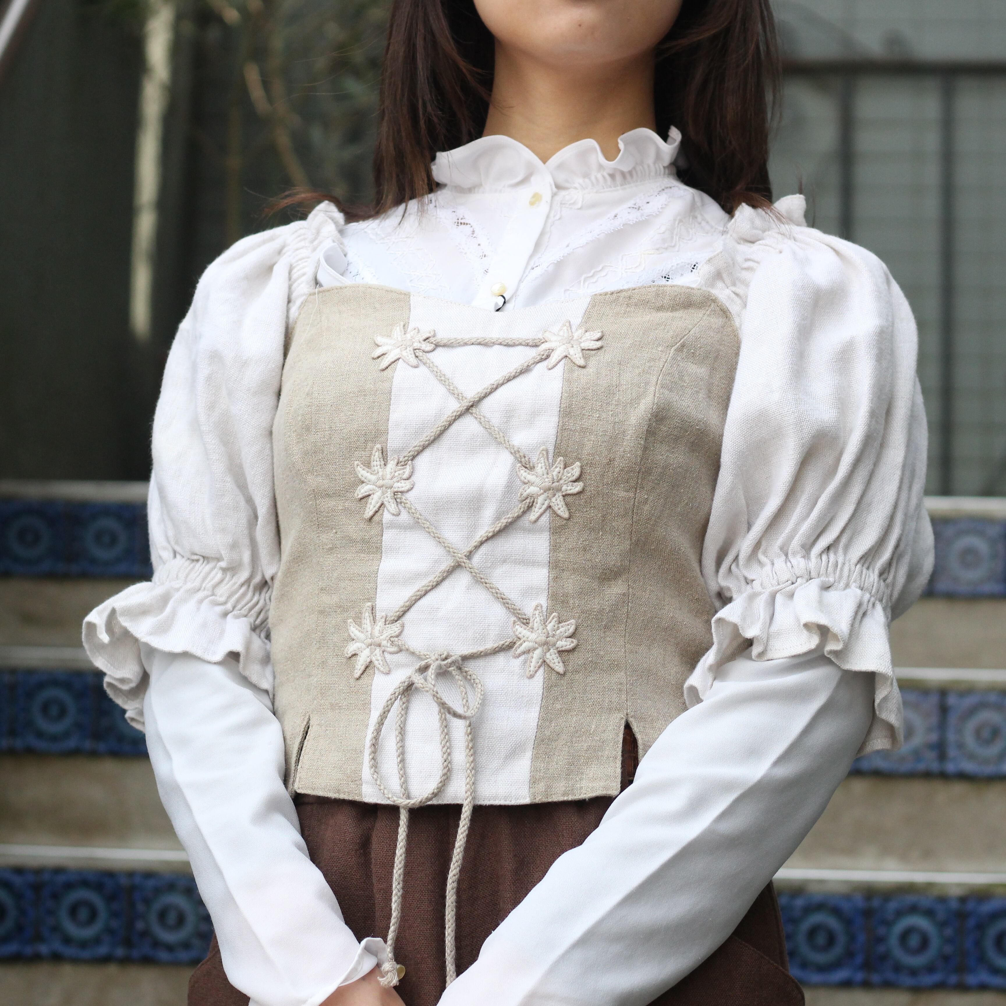 EU VINTAGE LANDHAUS FRONT LACE UP DESIGN FRILL LINEN TYROLEAN TOPS