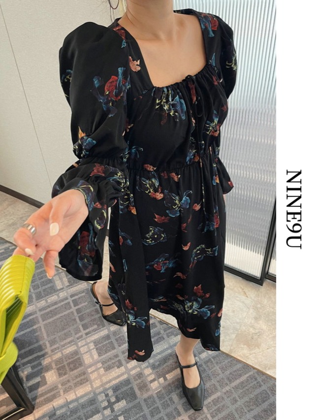cangy-sleeve flower ciffon drawstring one-piece【NINE9116】