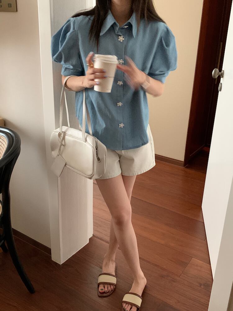 スタイルシャツ サマールーズカラーFlowerデザイン バックル ベルスリーブ 夏物 フラワーデザイン ビッグFスモールZ韓国13063943781