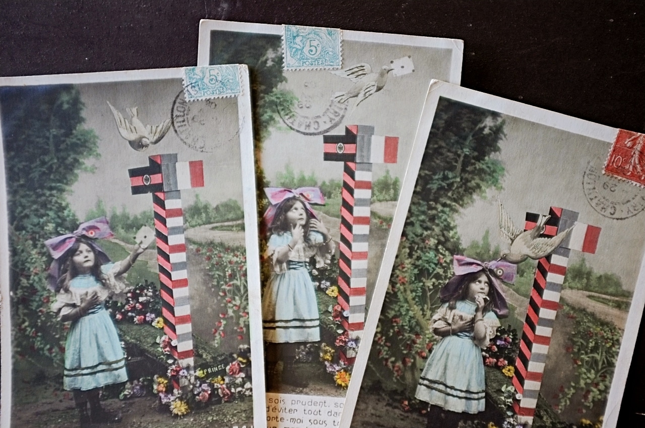 1900s フランス 手彩色 お手紙少女と幸福の鳩とアンティークポストカード 3p