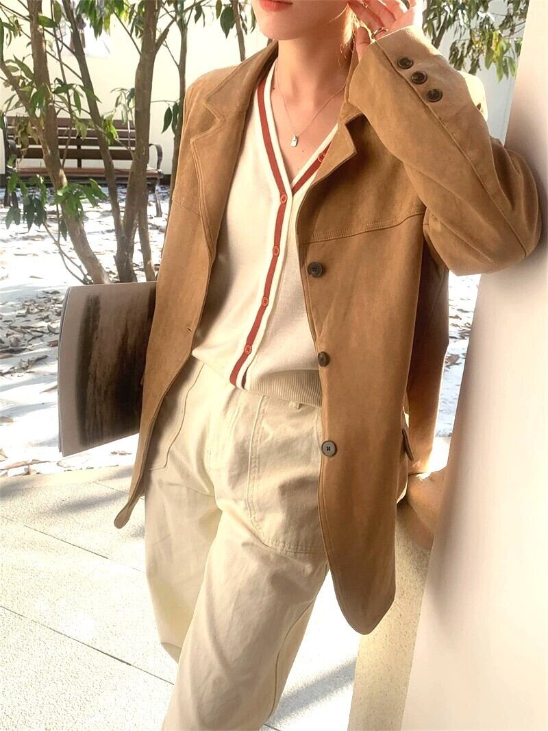 【送料無料】スウェード調オーバーサイズジャケット ブラウン テーラード アウター シングルボタン ヒップ丈 体型カバー ゆったり ショート丈 高見え 上品カジュアル 秋冬 レディース 大人可愛い 通勤コーデ 30代 40代 50代 きれいめファッション トレンド アウター YS0938