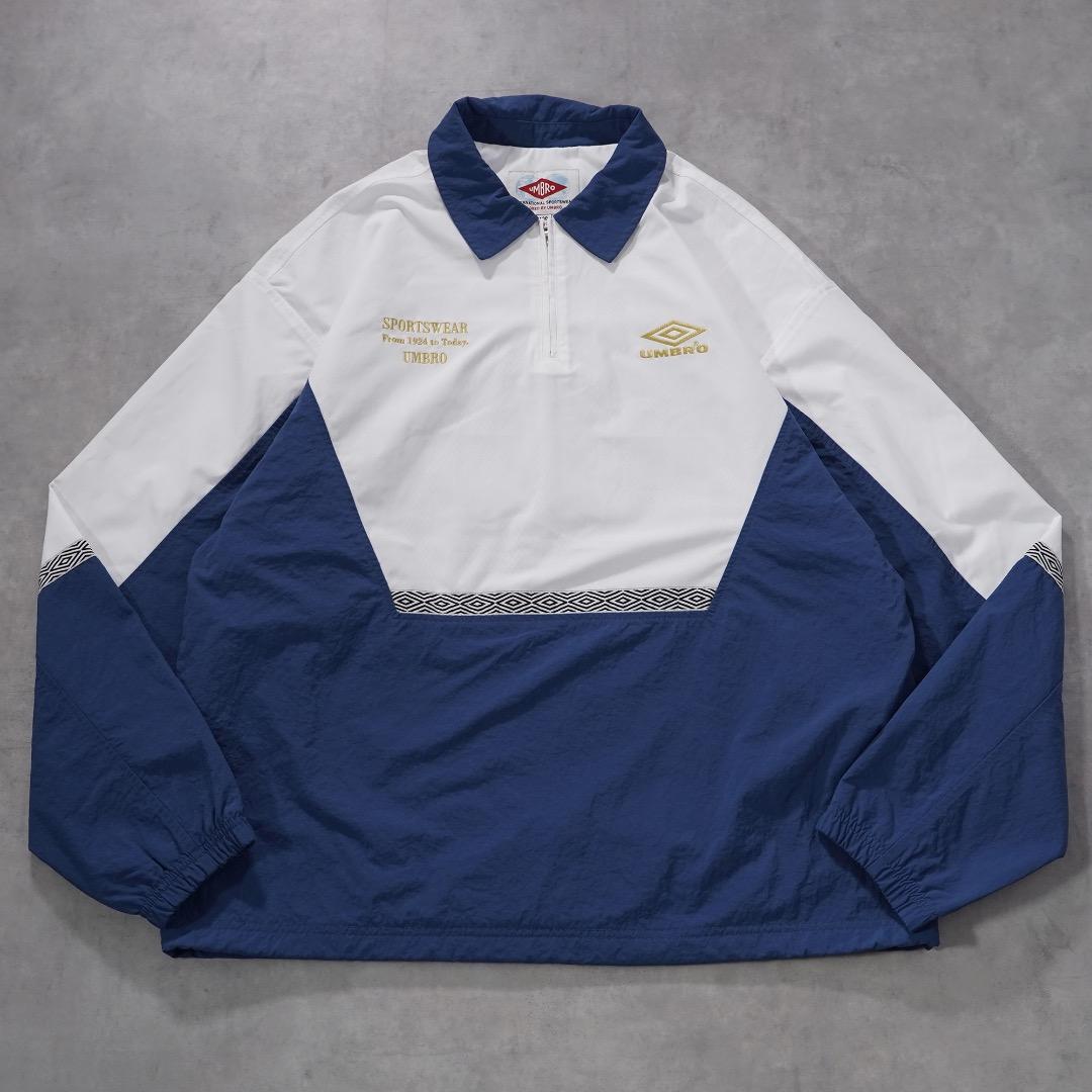 アンブロ ナイロンジャケット 古着 ハーフジップ 刺繍 ロゴ L 紺 17622