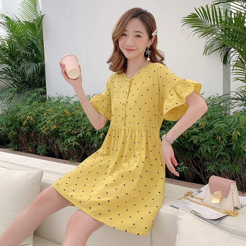 【新作】【送料無料】 2019フレア半袖ウエストマタニティ母乳育児ドレス夏の水玉リネン授乳妊娠中の女性の授乳ドレス ショート ハーフスリーブ サマー 夏物 AL expec387983908490