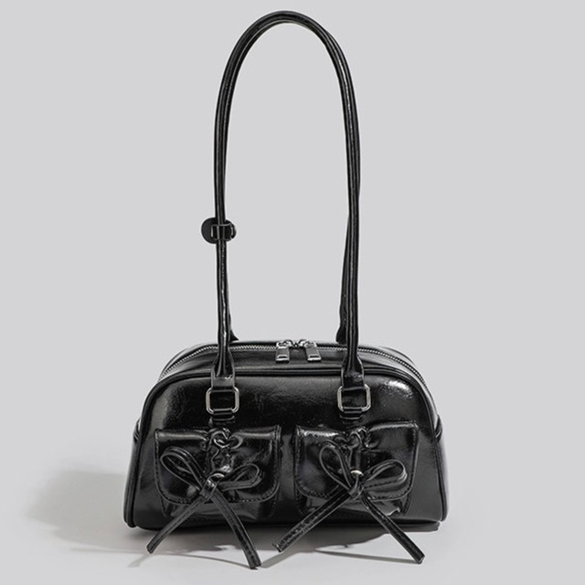glossy finish ribbon-decorated mini boston bag la3087