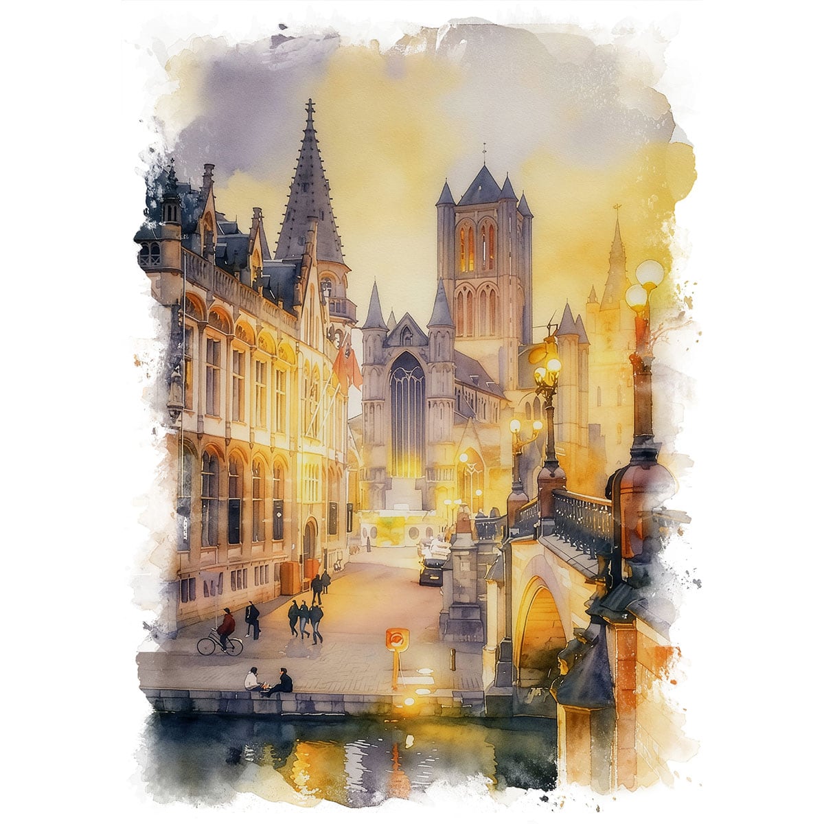 絵画 風景画(街並み) ベルギー 夕暮れ時のゲント インテリアアート額