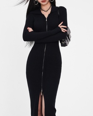 ジップスリットリブロングワンピース 4color A0649