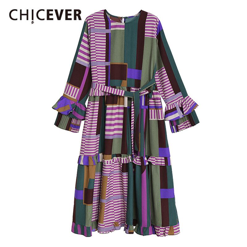 CHICEVERカラフルなドレス女性Oネックフレアスリーブウエストプリントヒットカラーレースアップ特大ミッドドレス2021タイド 6base58432282982
