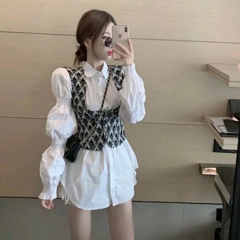 ベストシャツセット レディース トップス セット ベスト ロングシャツ