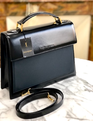 Yves Saint Laurent 　イヴ ・サンローラン　ロゴ型押し　ファブリック×レザー　2WAY　ショルダーバッグ　ハンドバッグ　ブラック　 vintage　ヴィンテージ　オールド　k2vwfa