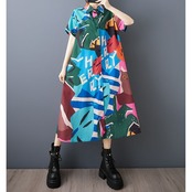 抽象柄イラスト ロングシャツワンピース 30213